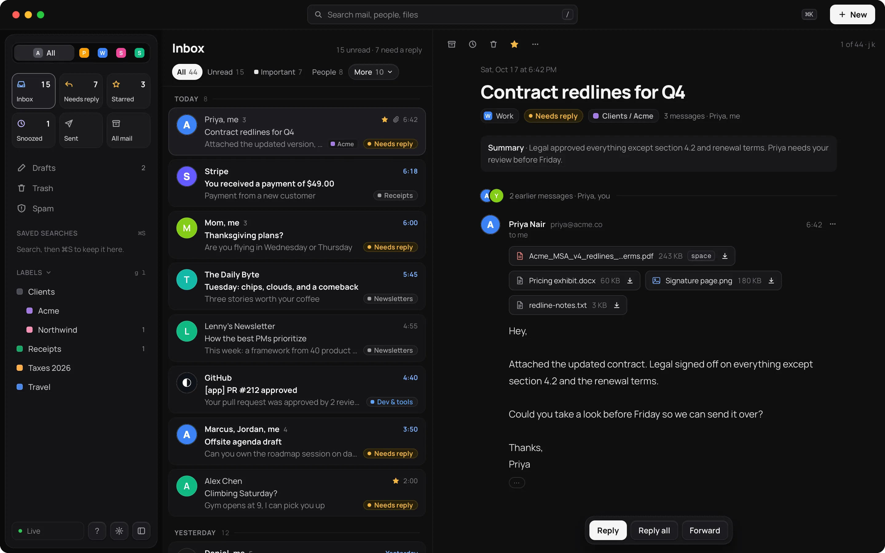 The Braid window: accounts and mailboxes on the left, the inbox with bucket tabs in the middle, a conversation open on the right
